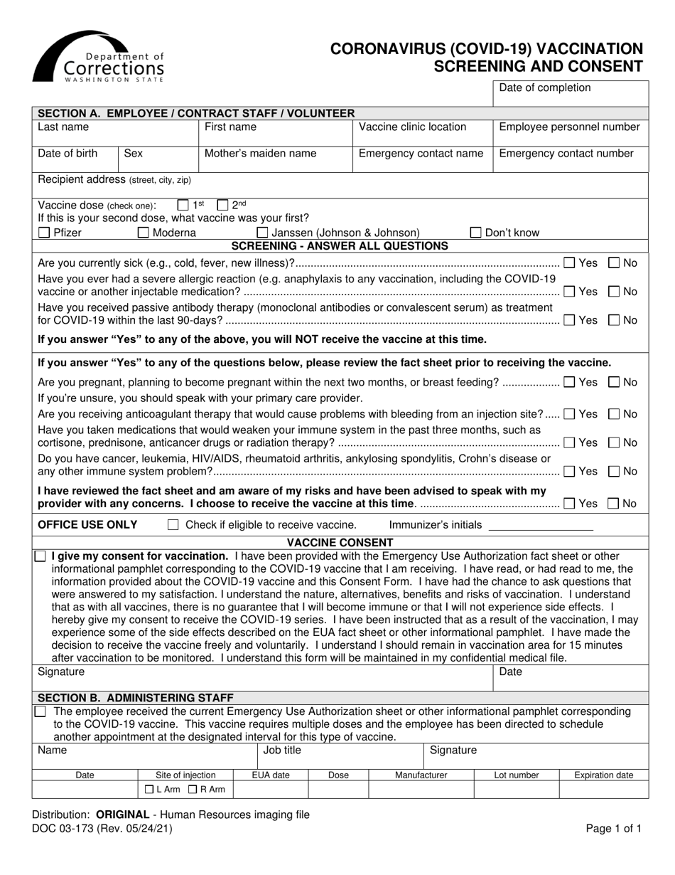 Form DOC03-173 Coronavirus (Covid-19) Vaccination Screening and Consent - Washington, Page 1