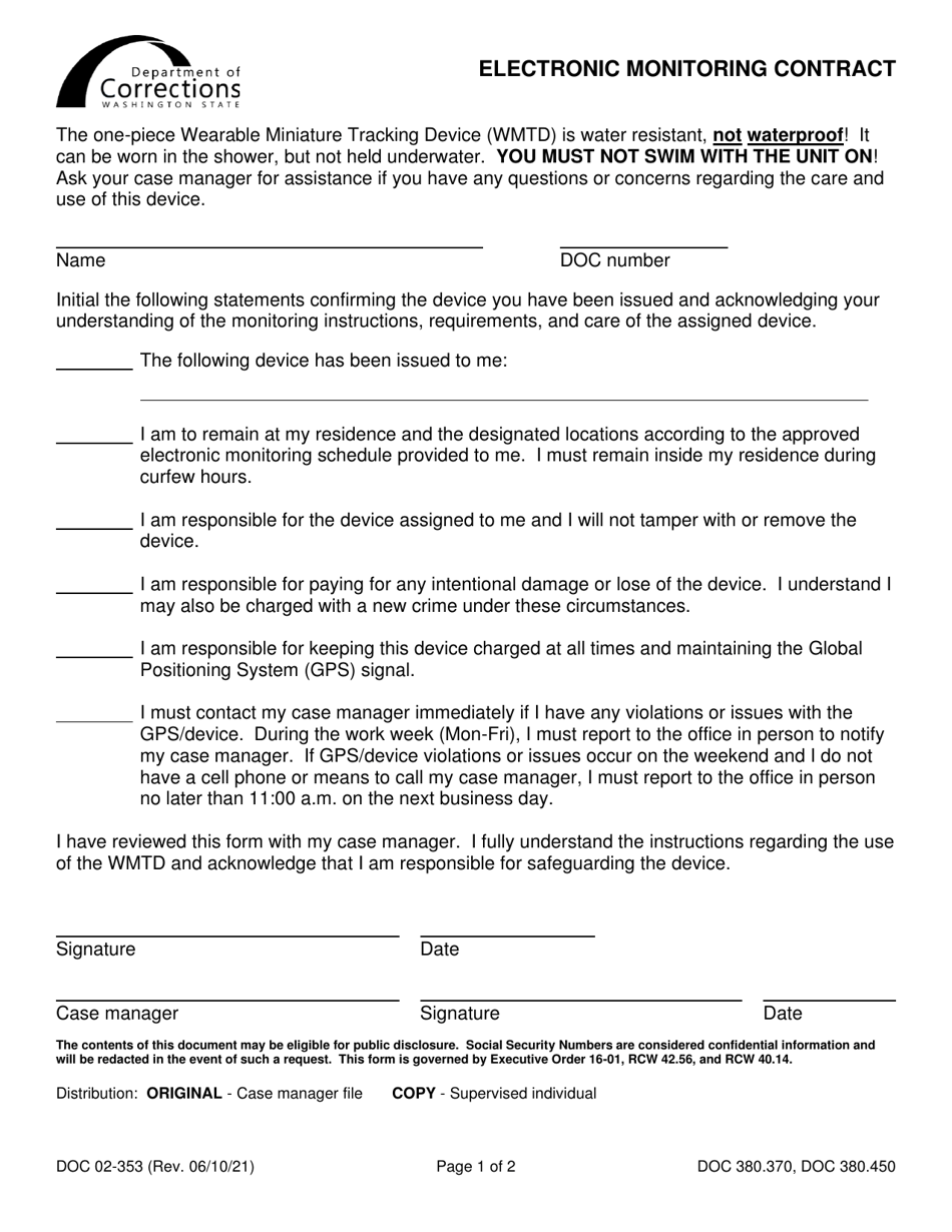 Form DOC02-353 Electronic Monitoring Contract - Washington, Page 1