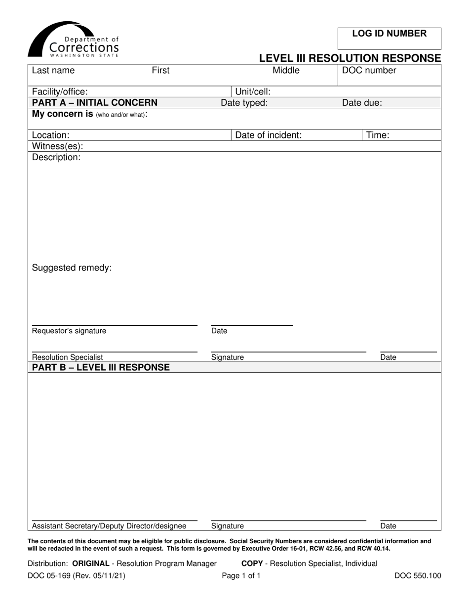 Form DOC05-169 Level Iii Resolution Response - Washington, Page 1