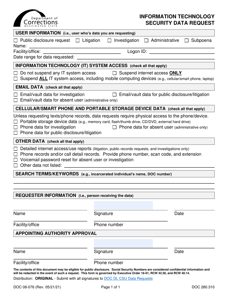 Form DOC08-076 Information Technology Security Data Request - Washington, Page 1