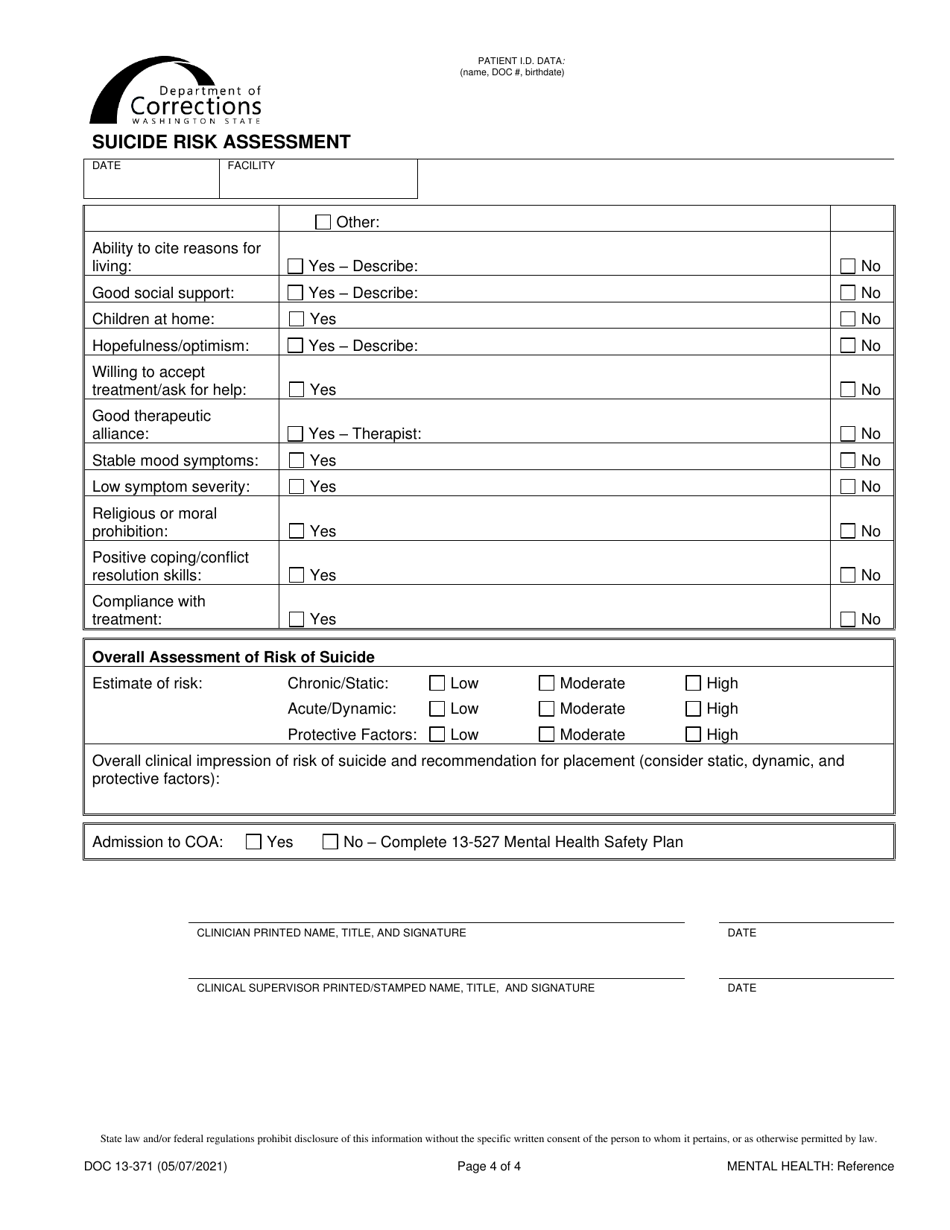 Form DOC13-371 Suicide Risk Assessment - Washington, Page 4