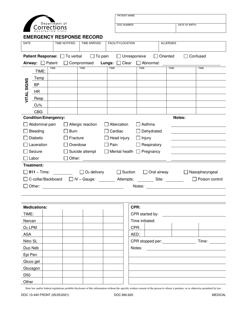 Form DOC13-440 Emergency Response Record - Washington, Page 1
