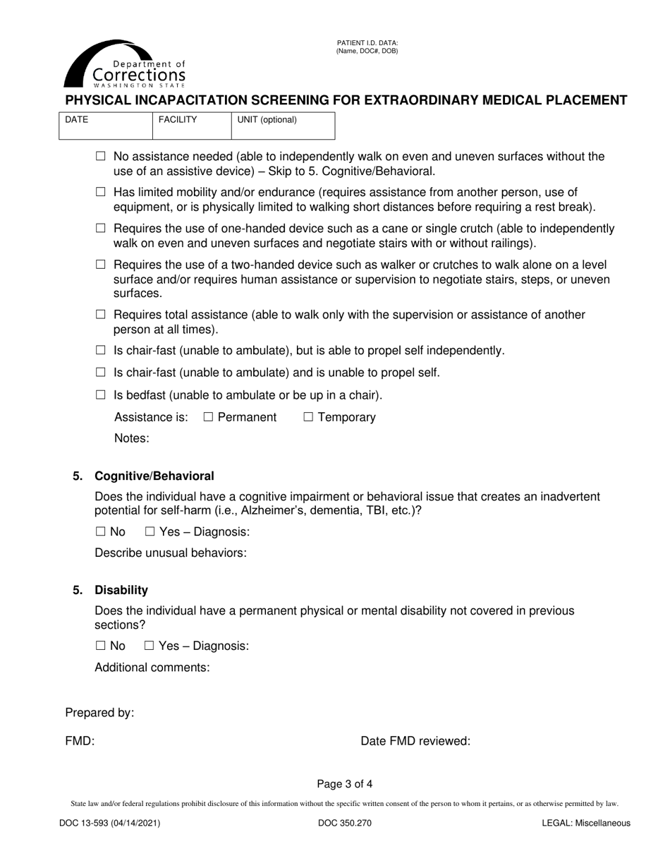 Form DOC13-593 Physical Incapacitation Screening for Extraordinary Medical Placement - Washington, Page 3
