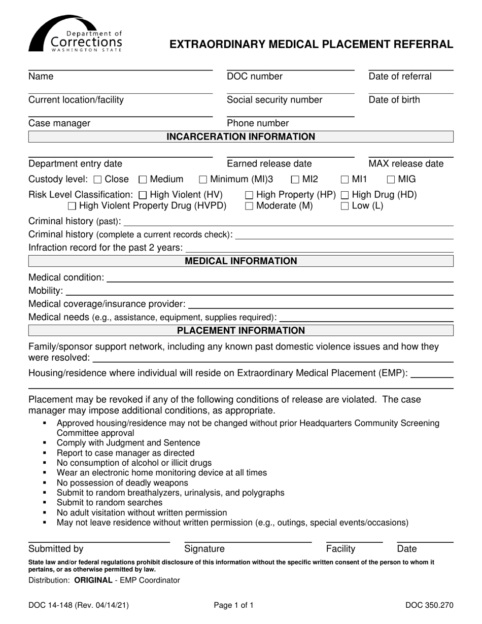 Form DOC14-148 Extraordinary Medical Placement Referral - Washington, Page 1