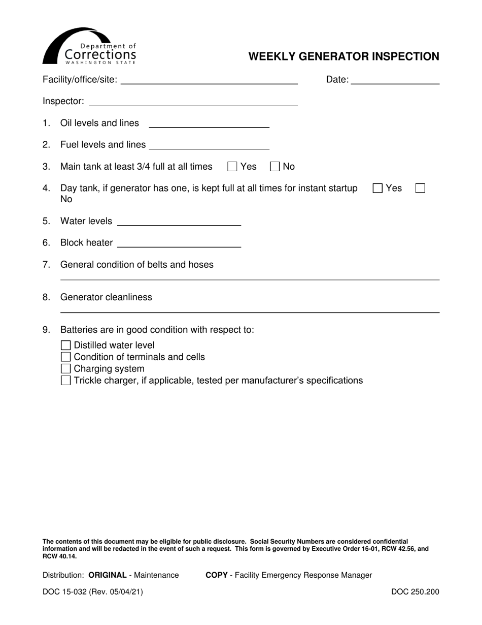 Form DOC15-032 Weekly Generator Inspection - Washington, Page 1