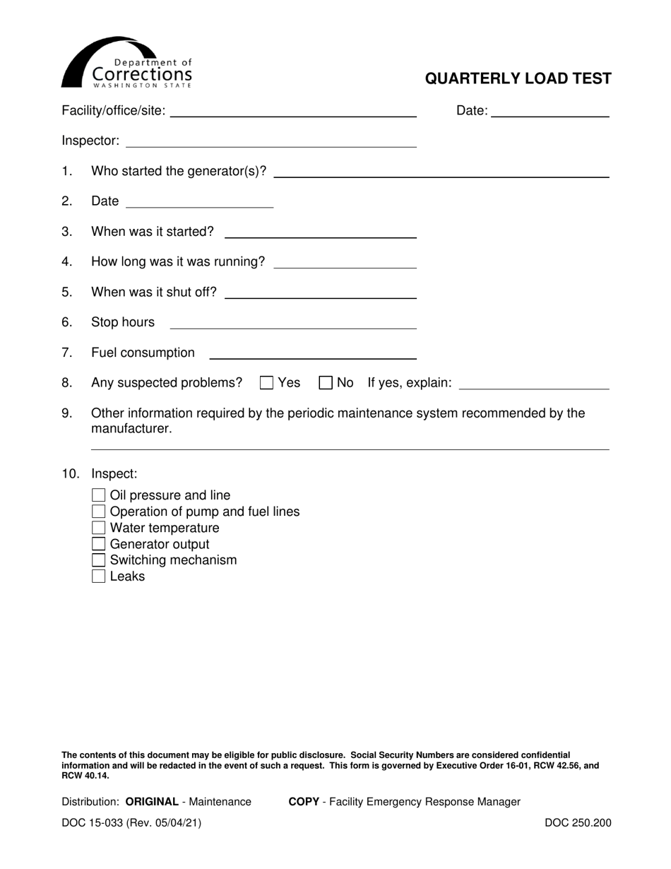 Form DOC15-033 Quarterly Load Test - Washington, Page 1