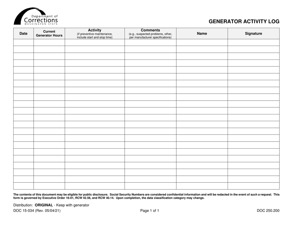Form DOC15-034 Generator Activity Log - Washington, Page 1