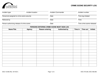 Form DOC16-358 Crime Scene Security Log - Washington