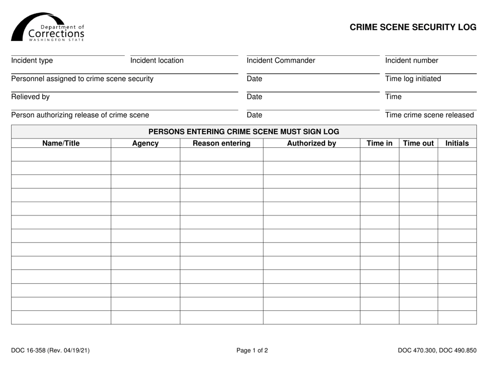 Form DOC16-358 Crime Scene Security Log - Washington, Page 1