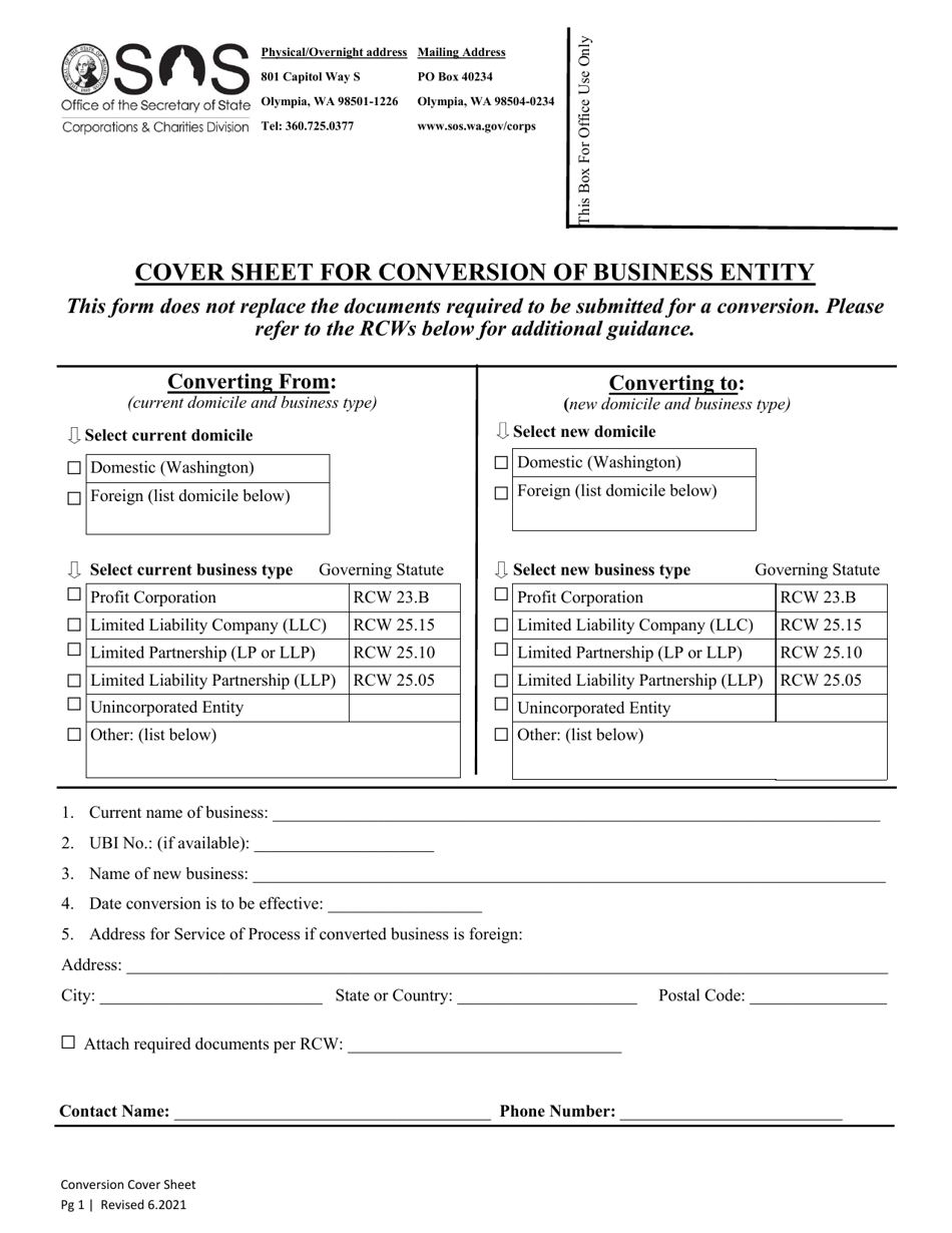 Cover Sheet for Conversion of Business Entity - Washington, Page 1