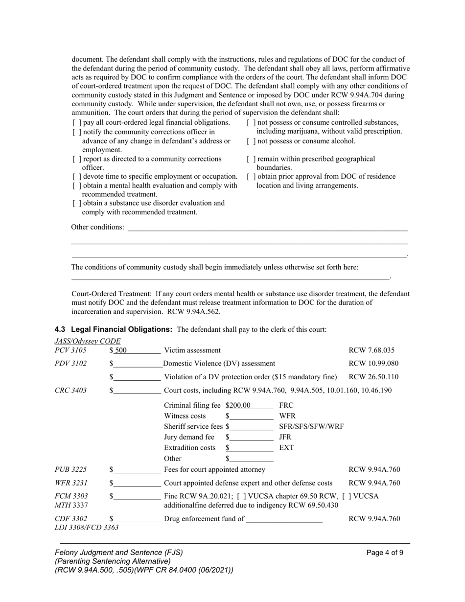 Form WPF CR84.0400 PSA Felony Judgment and Sentence - Parenting Sentencing Alternative (Fjs) - Washington, Page 4