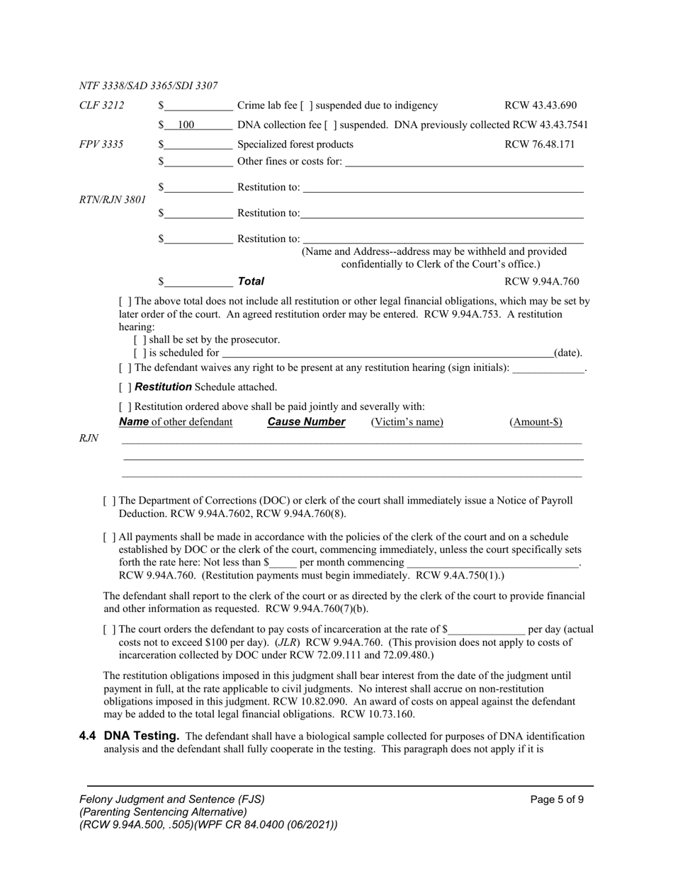 Form WPF CR84.0400 PSA Felony Judgment and Sentence - Parenting Sentencing Alternative (Fjs) - Washington, Page 5