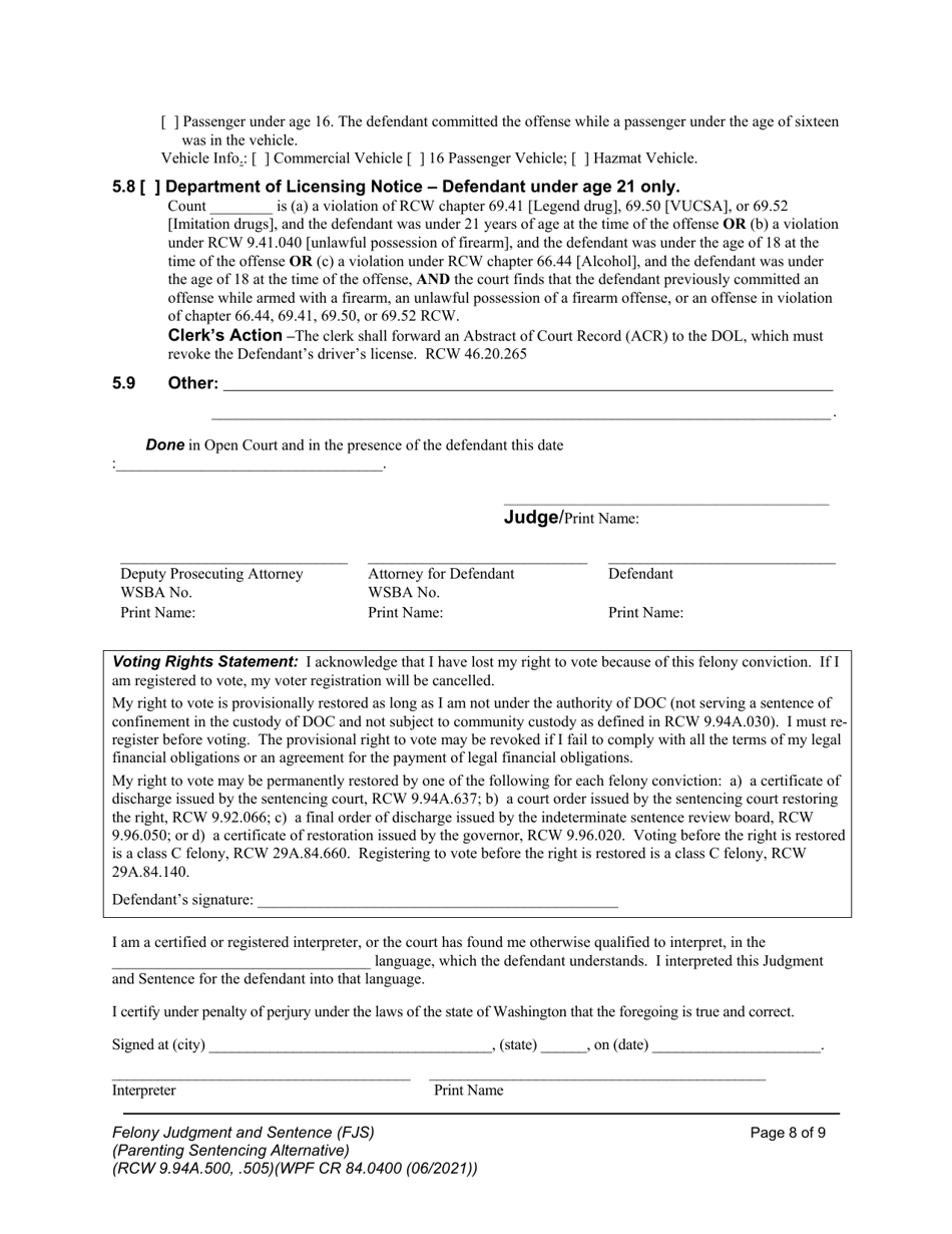 Form WPF CR84.0400 PSA Felony Judgment and Sentence - Parenting Sentencing Alternative (Fjs) - Washington, Page 8