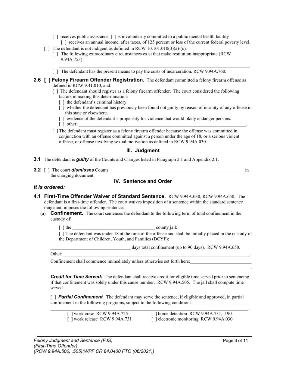 Form WPF CR84.0400 FTO Felony Judgment and Sentence - First-Time Offender - Washington, Page 3