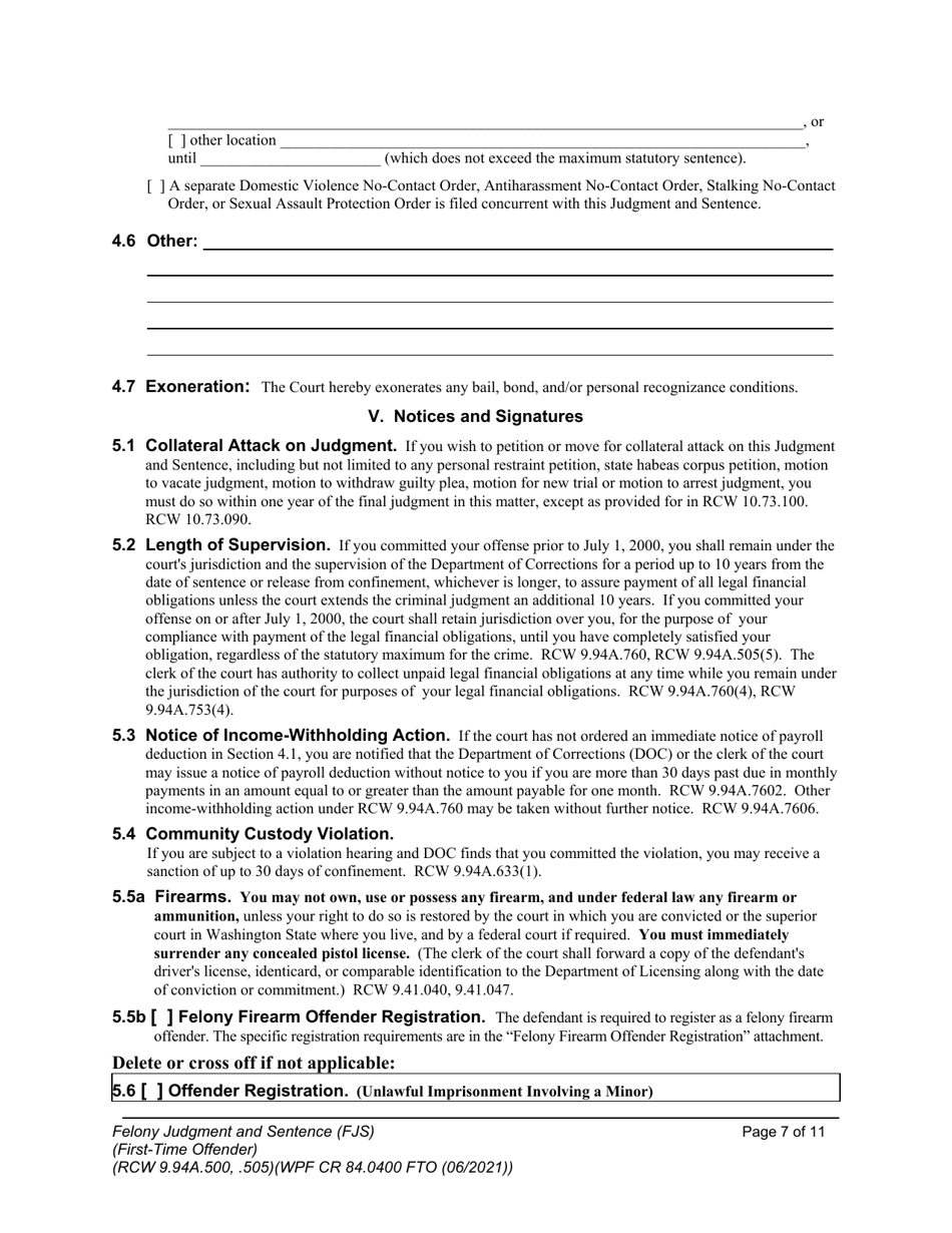 Form WPF CR84.0400 FTO Felony Judgment and Sentence - First-Time Offender - Washington, Page 7