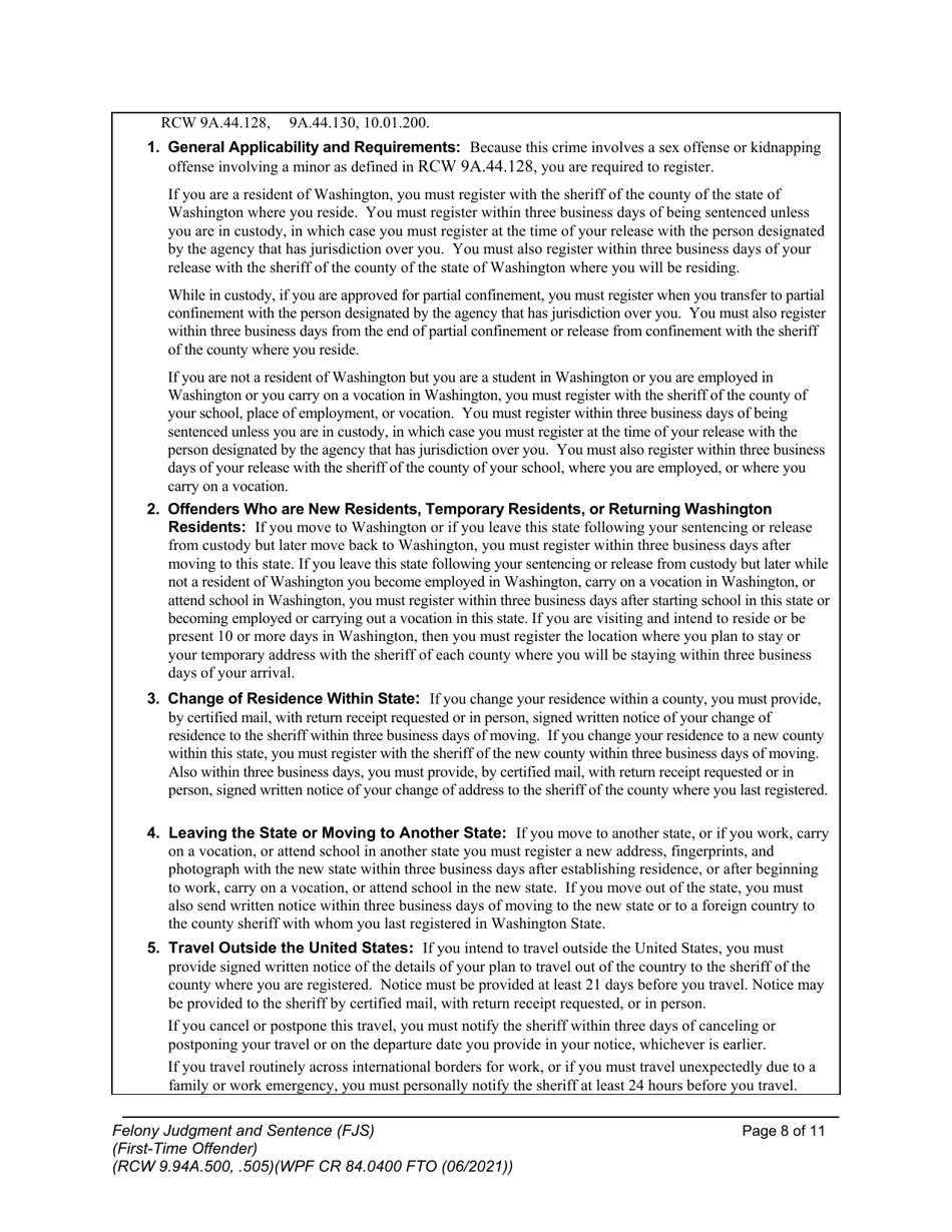 Form WPF CR84.0400 FTO Felony Judgment and Sentence - First-Time Offender - Washington, Page 8