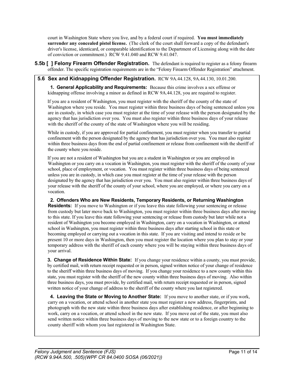 Form WPF CR84.0400 SOSA Felony Judgment and Sentence - Special Sex Offender Sentencing Alternative - Washington, Page 11