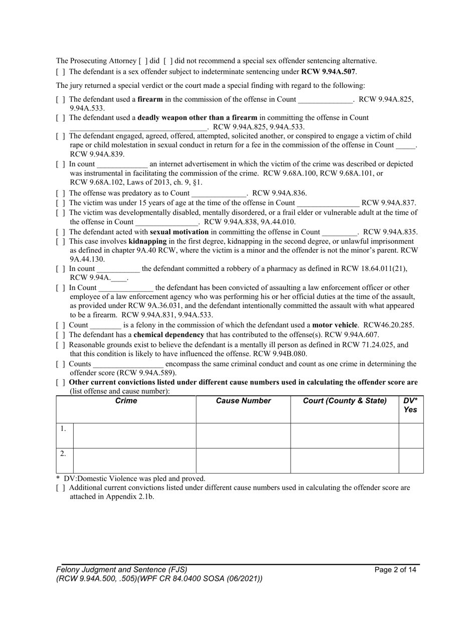 Form WPF CR84.0400 SOSA Felony Judgment and Sentence - Special Sex Offender Sentencing Alternative - Washington, Page 2