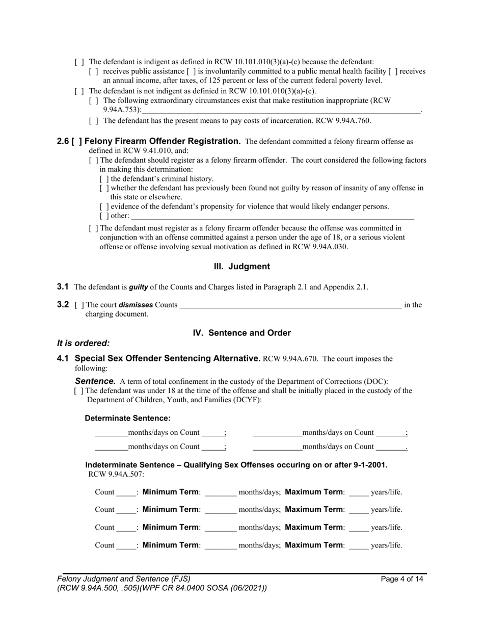 Form WPF CR84.0400 SOSA Felony Judgment and Sentence - Special Sex Offender Sentencing Alternative - Washington, Page 4
