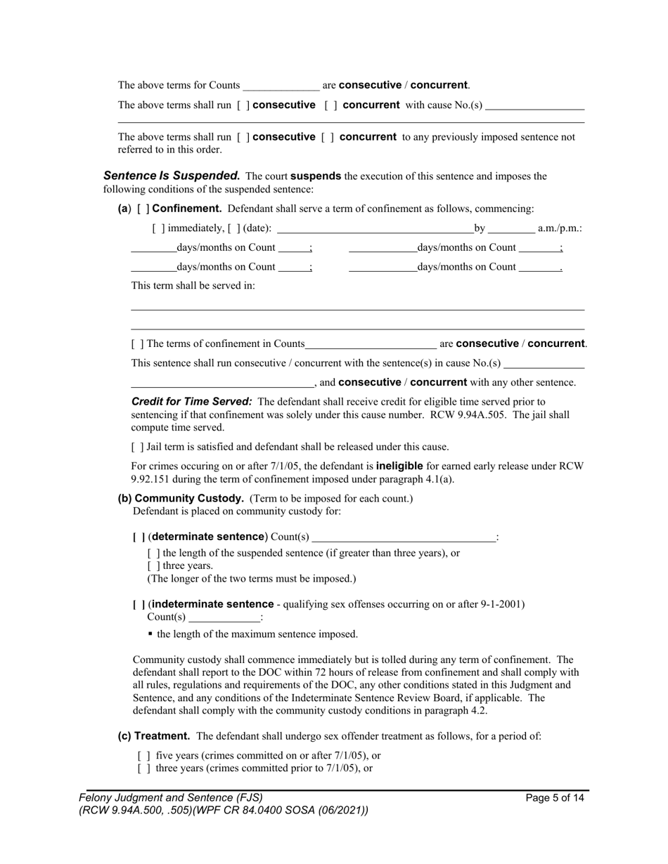 Form WPF CR84.0400 SOSA Felony Judgment and Sentence - Special Sex Offender Sentencing Alternative - Washington, Page 5