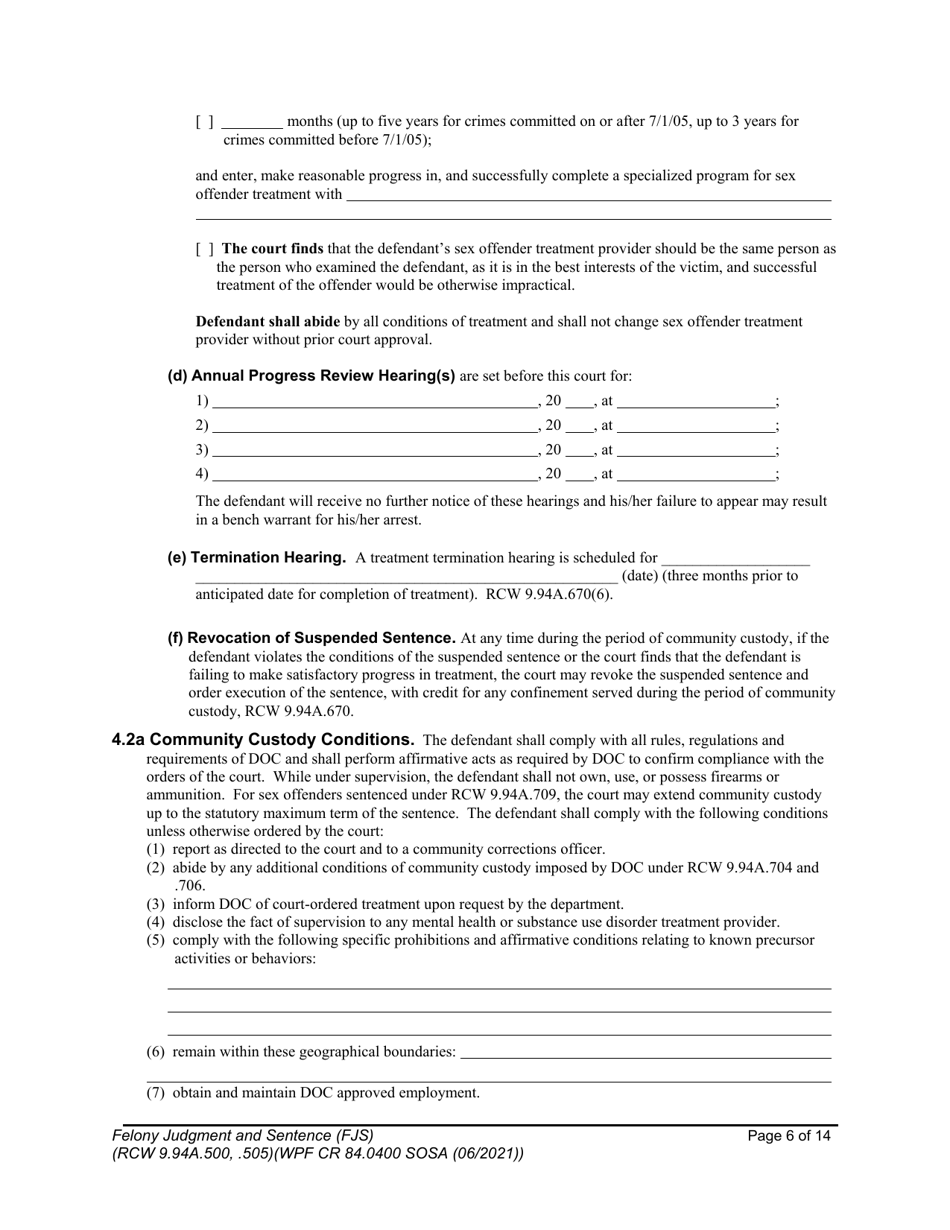 Form WPF CR84.0400 SOSA Felony Judgment and Sentence - Special Sex Offender Sentencing Alternative - Washington, Page 6