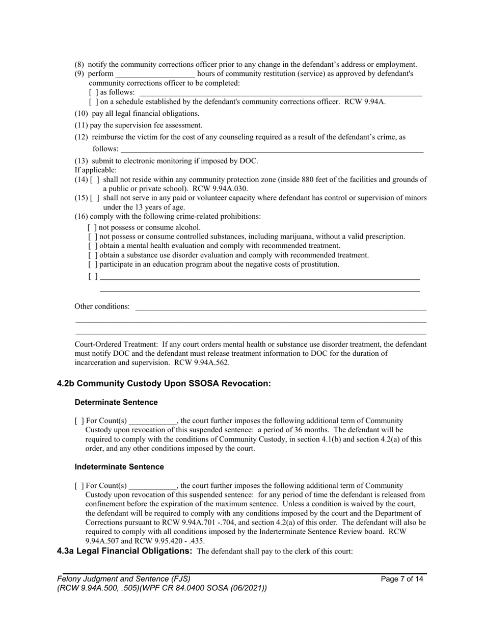 Form WPF CR84.0400 SOSA Felony Judgment and Sentence - Special Sex Offender Sentencing Alternative - Washington, Page 7