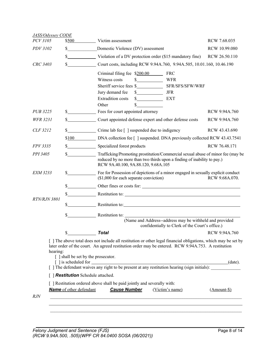 Form WPF CR84.0400 SOSA Felony Judgment and Sentence - Special Sex Offender Sentencing Alternative - Washington, Page 8