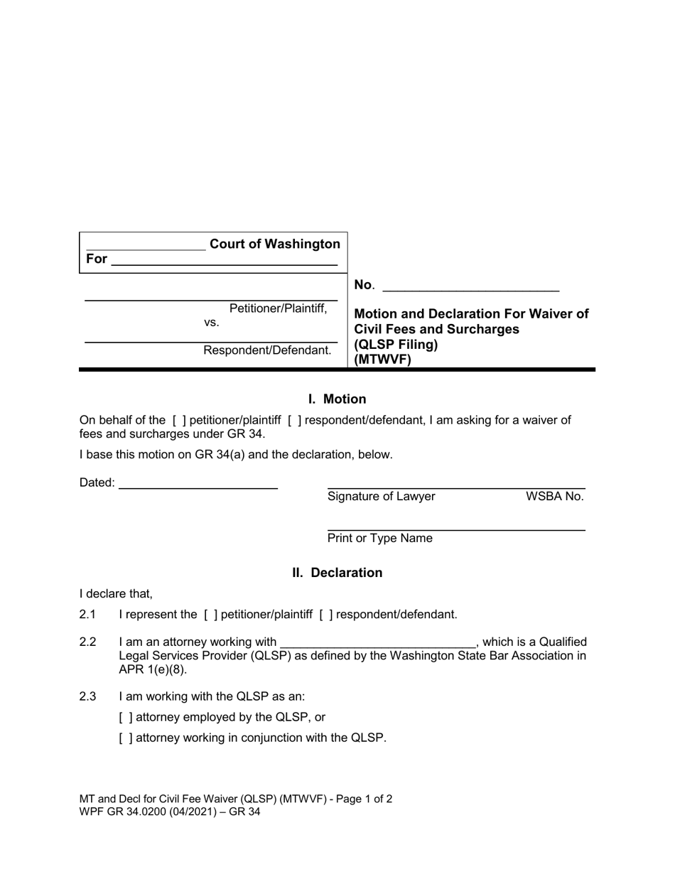 Form WPF GR34.0200 Motion and Declaration for Waiver of Civil Fees and Surcharges (Qlsp Filing) (Mtwvf) - Washington, Page 1