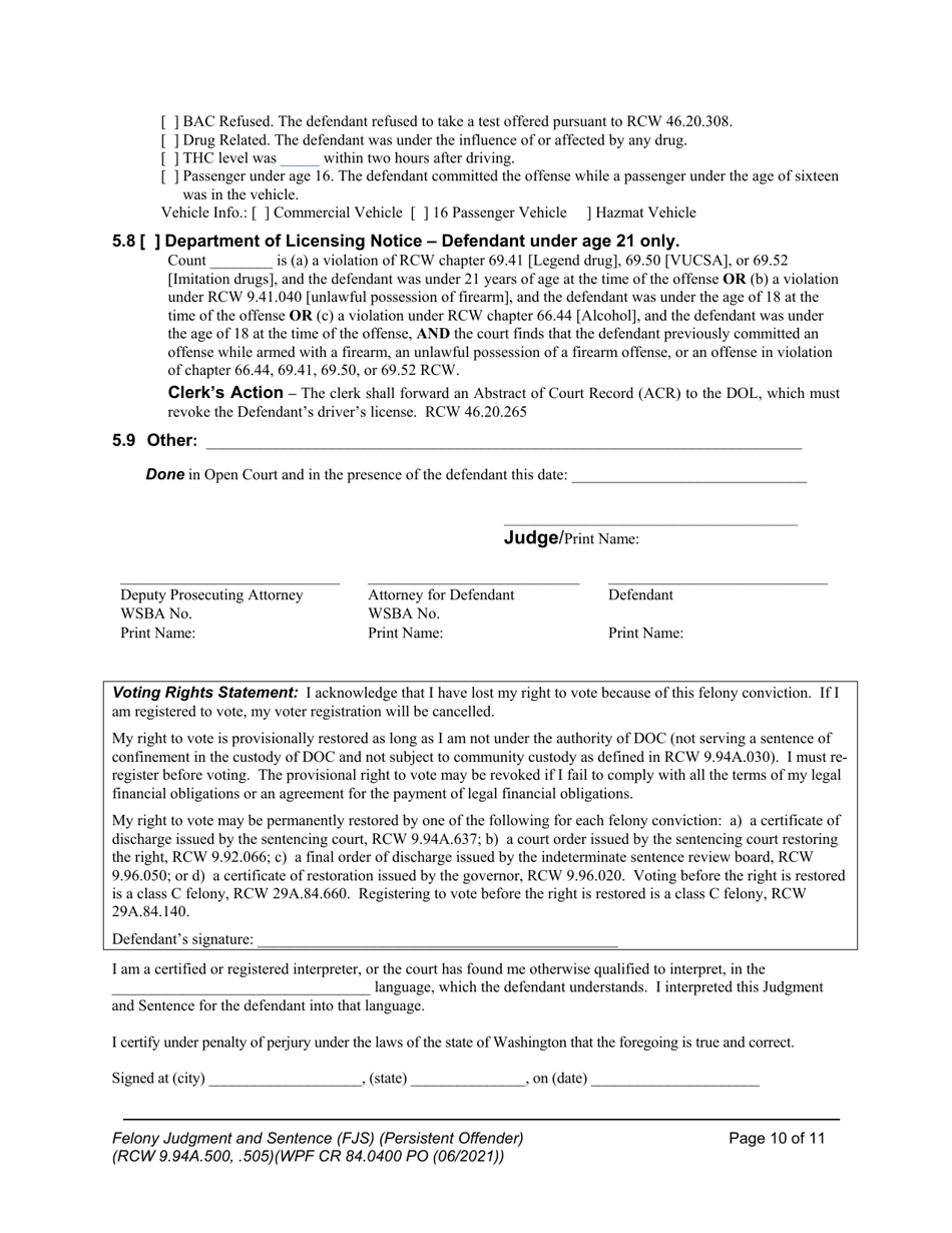 Form WPF CR84.0400 PO Felony Judgment and Sentence - Persistent Offender - Washington, Page 10