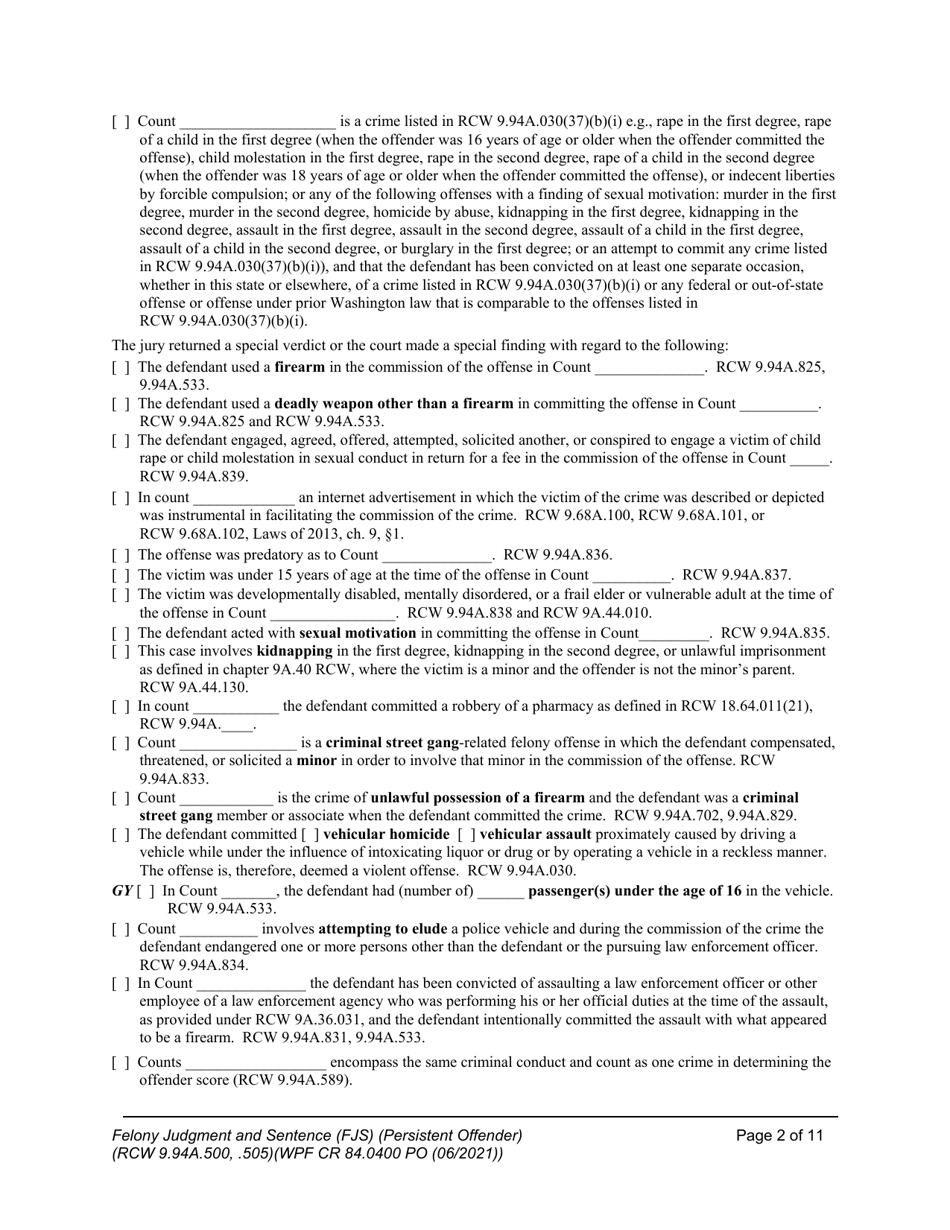 Form WPF CR84.0400 PO Felony Judgment and Sentence - Persistent Offender - Washington, Page 2