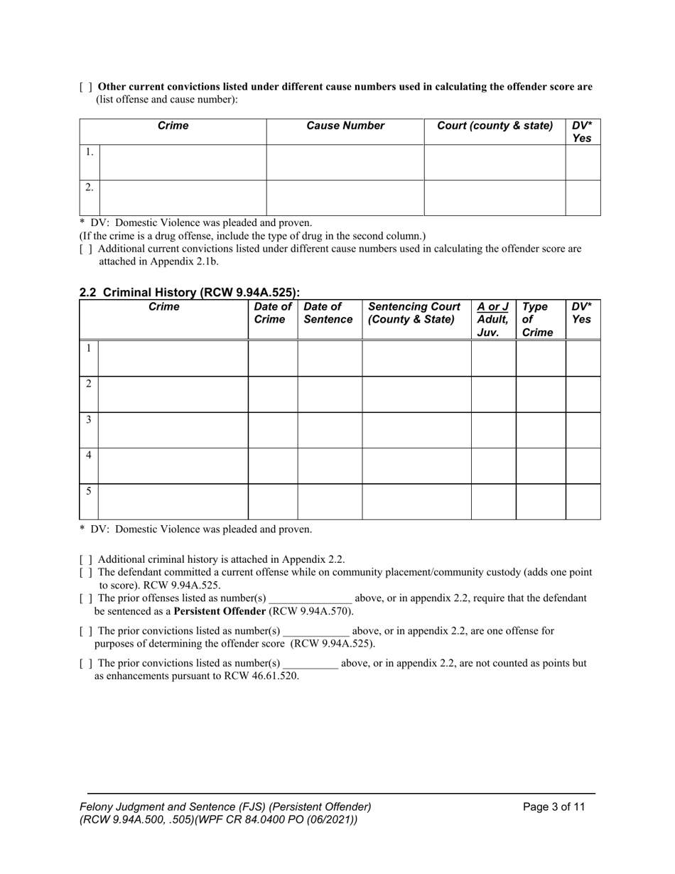 Form WPF CR84.0400 PO Felony Judgment and Sentence - Persistent Offender - Washington, Page 3