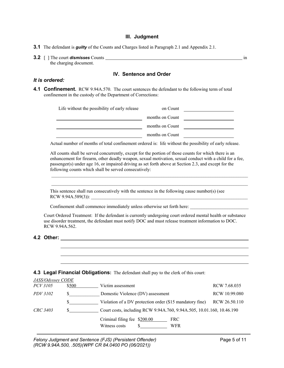 Form WPF CR84.0400 PO Felony Judgment and Sentence - Persistent Offender - Washington, Page 5