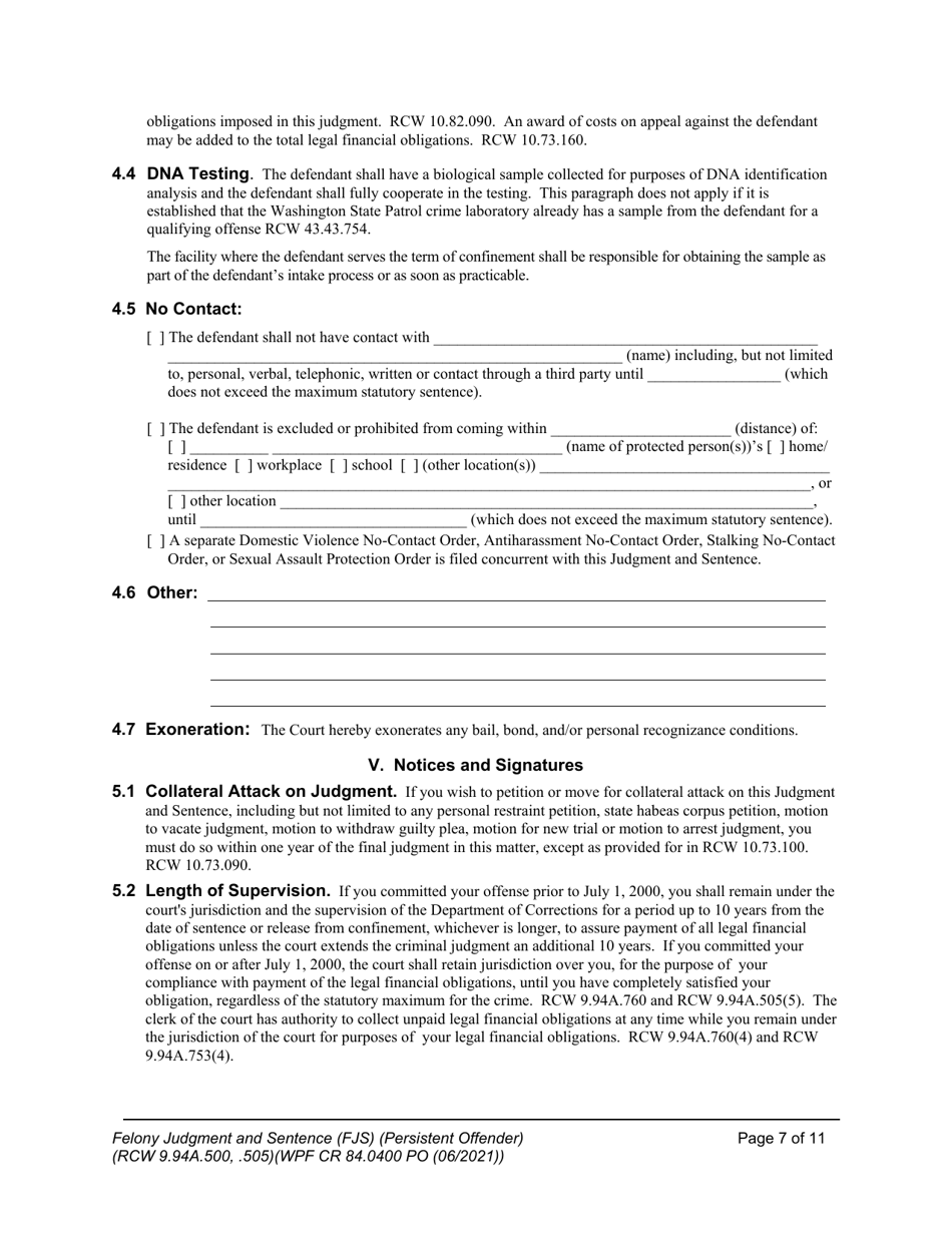 Form WPF CR84.0400 PO Felony Judgment and Sentence - Persistent Offender - Washington, Page 7
