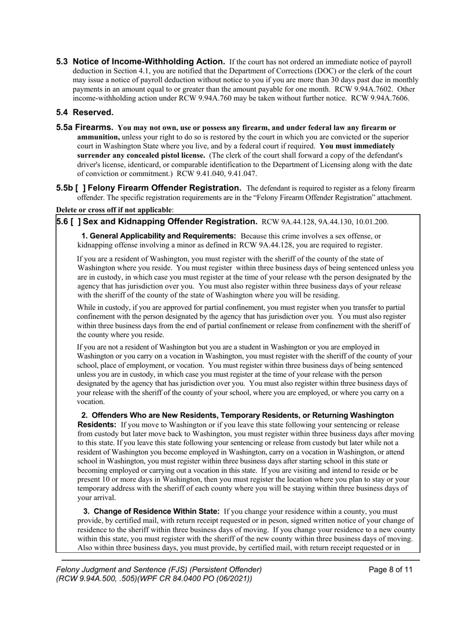 Form WPF CR84.0400 PO Felony Judgment and Sentence - Persistent Offender - Washington, Page 8
