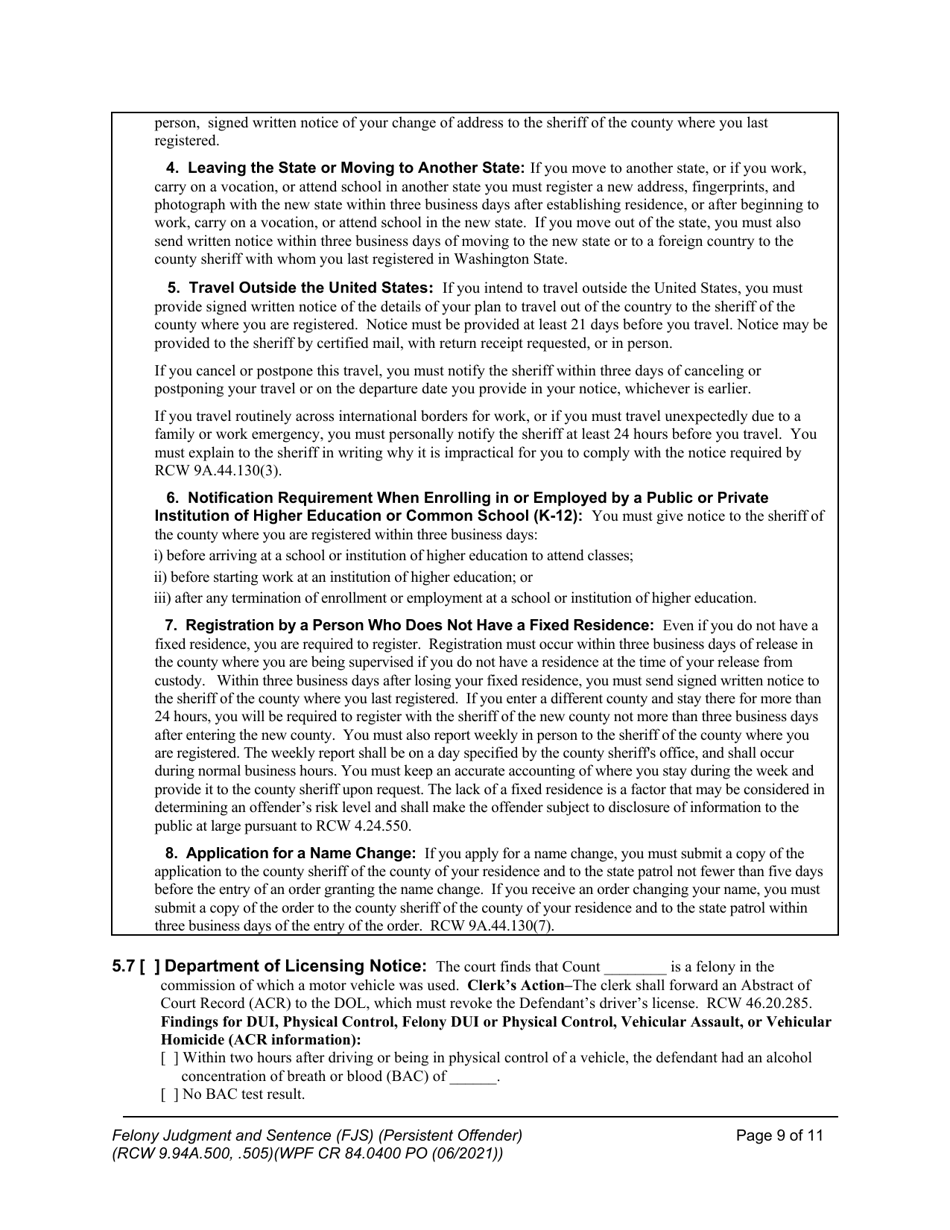 Form WPF CR84.0400 PO Felony Judgment and Sentence - Persistent Offender - Washington, Page 9