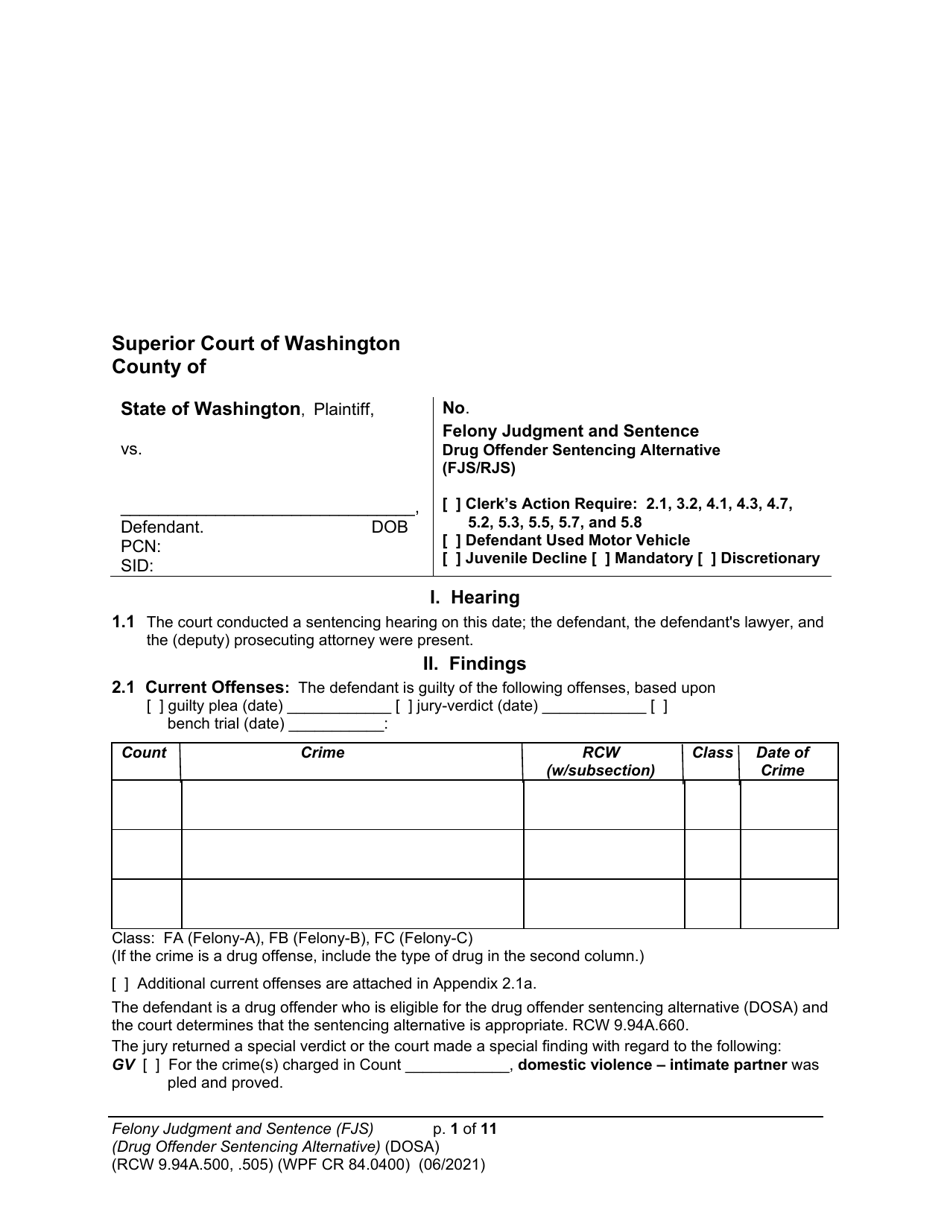 Form WPF CR84.0400 DOSA Felony Judgment and Sentence - Drug Offender Sentencing Alternative - Washington, Page 1