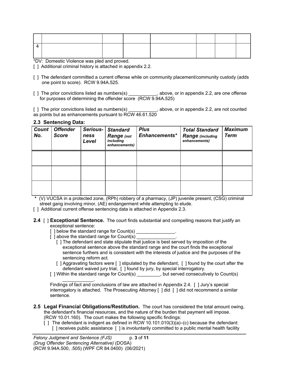 Form WPF CR84.0400 DOSA Felony Judgment and Sentence - Drug Offender Sentencing Alternative - Washington, Page 3