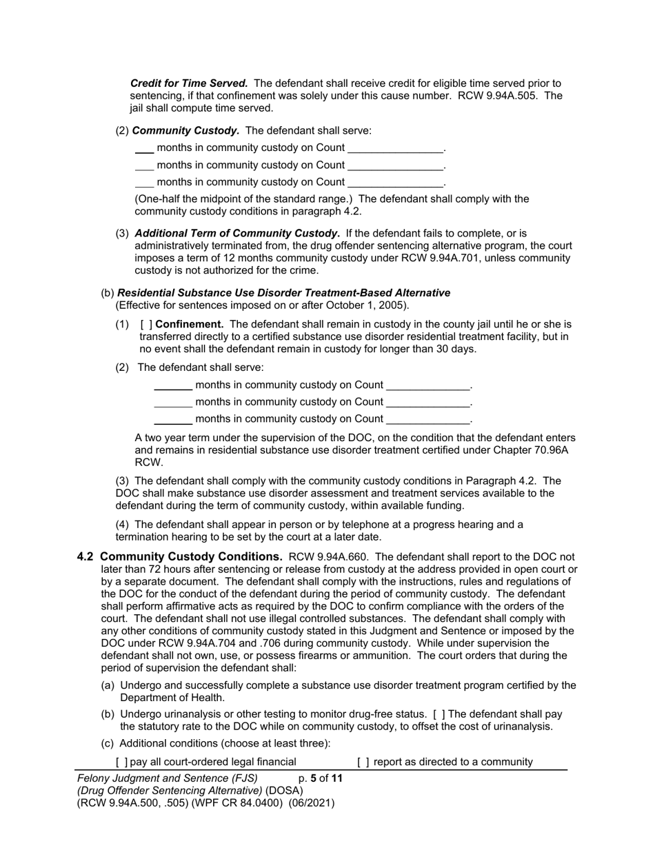 Form WPF CR84.0400 DOSA Felony Judgment and Sentence - Drug Offender Sentencing Alternative - Washington, Page 5