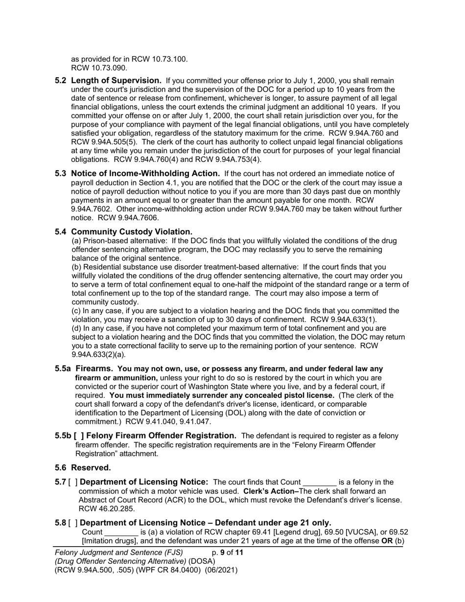 Form WPF CR84.0400 DOSA Felony Judgment and Sentence - Drug Offender Sentencing Alternative - Washington, Page 9