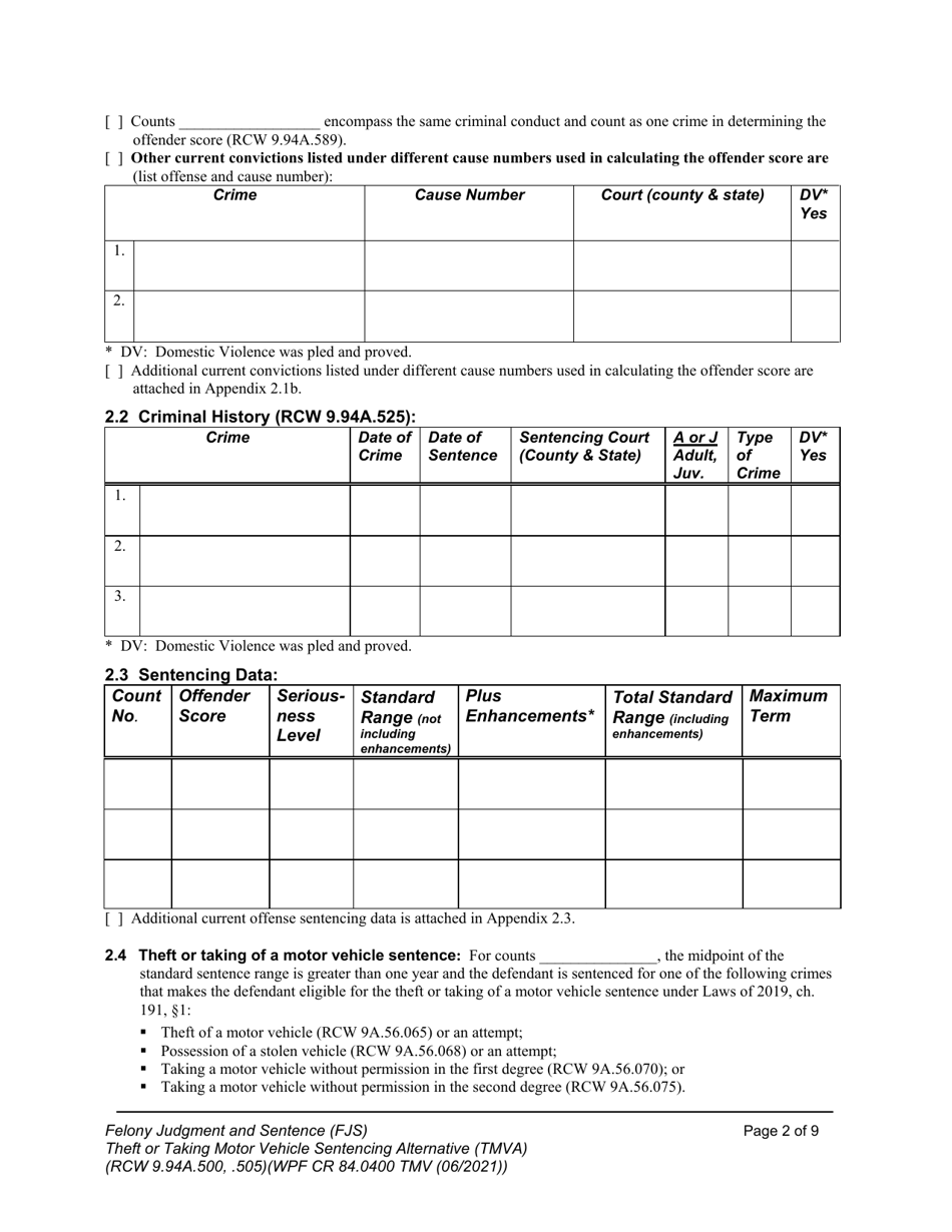 Form WPF CR84.0400 TMV Felony Judgment and Sentence - Theft or Taking of a Motor Vehicle - Washington, Page 2