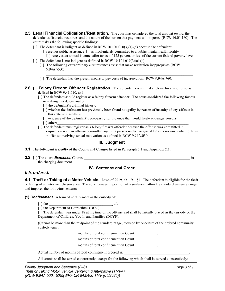 Form WPF CR84.0400 TMV Felony Judgment and Sentence - Theft or Taking of a Motor Vehicle - Washington, Page 3