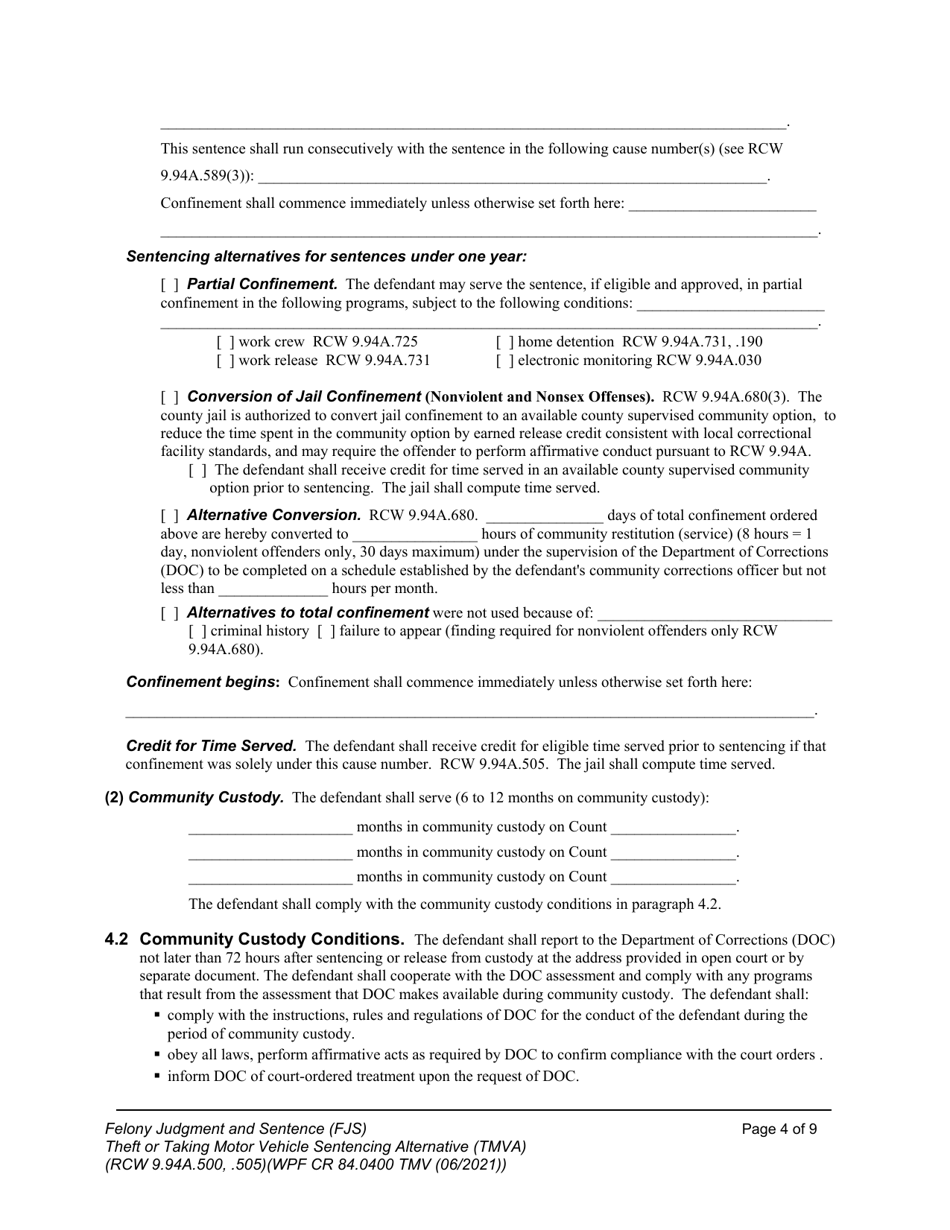 Form WPF CR84.0400 TMV Felony Judgment and Sentence - Theft or Taking of a Motor Vehicle - Washington, Page 4