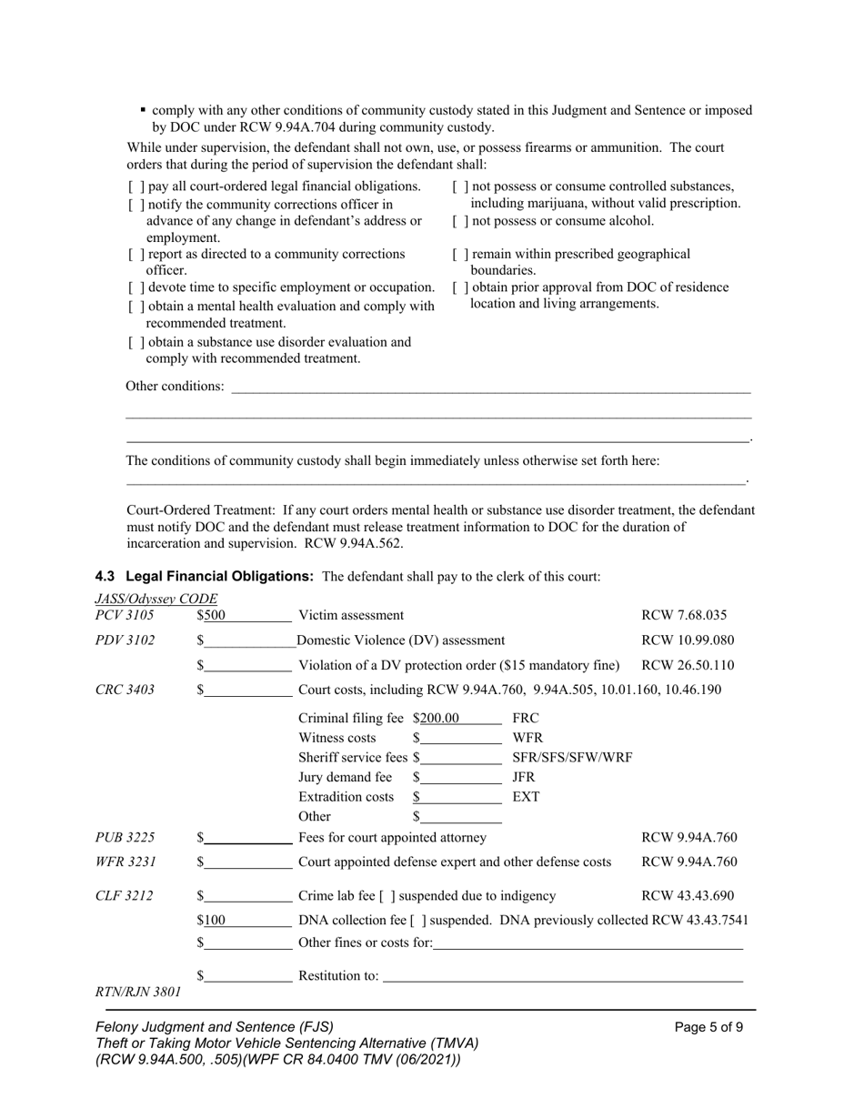 Form WPF CR84.0400 TMV Felony Judgment and Sentence - Theft or Taking of a Motor Vehicle - Washington, Page 5