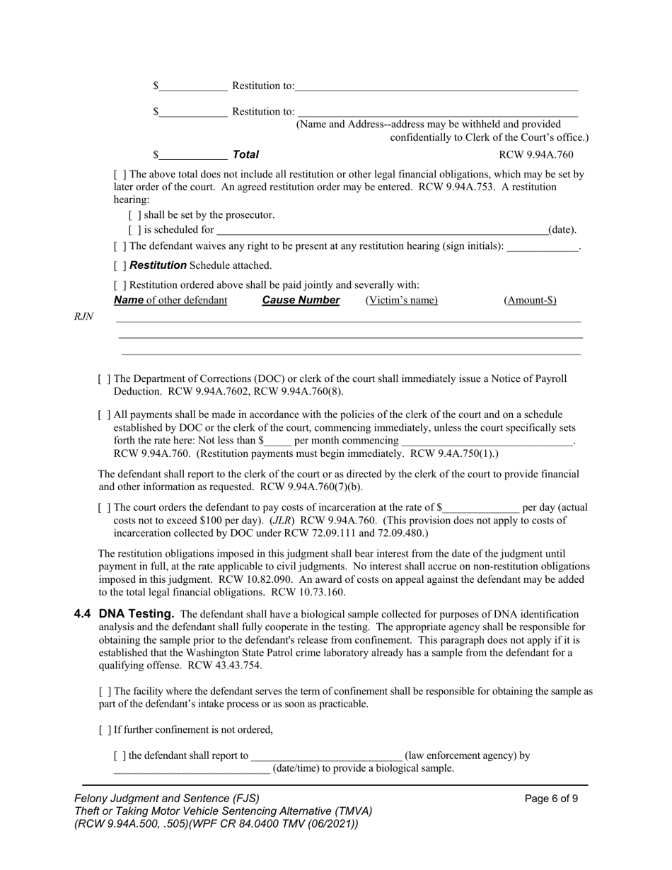 Form WPF CR84.0400 TMV Felony Judgment and Sentence - Theft or Taking of a Motor Vehicle - Washington, Page 6