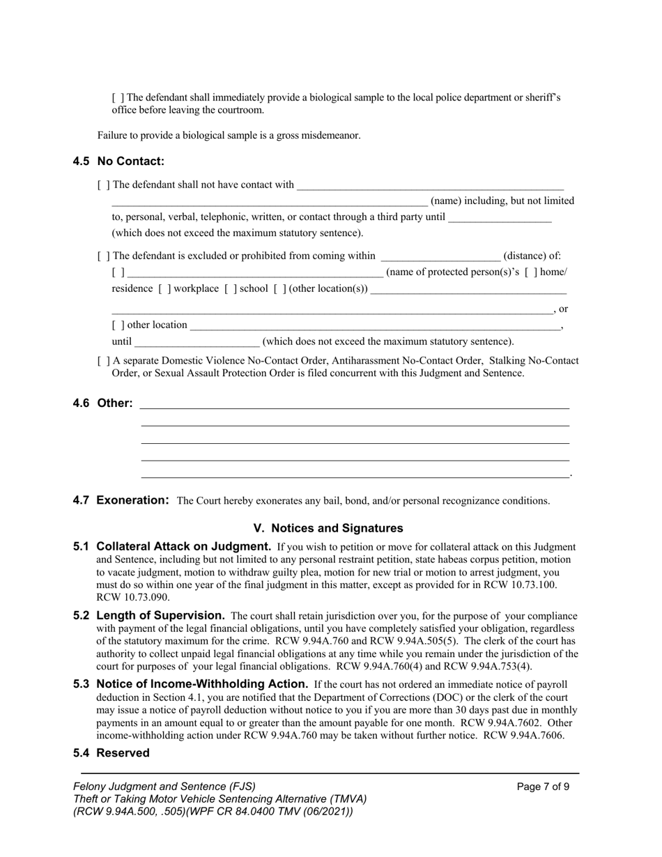 Form WPF CR84.0400 TMV Felony Judgment and Sentence - Theft or Taking of a Motor Vehicle - Washington, Page 7