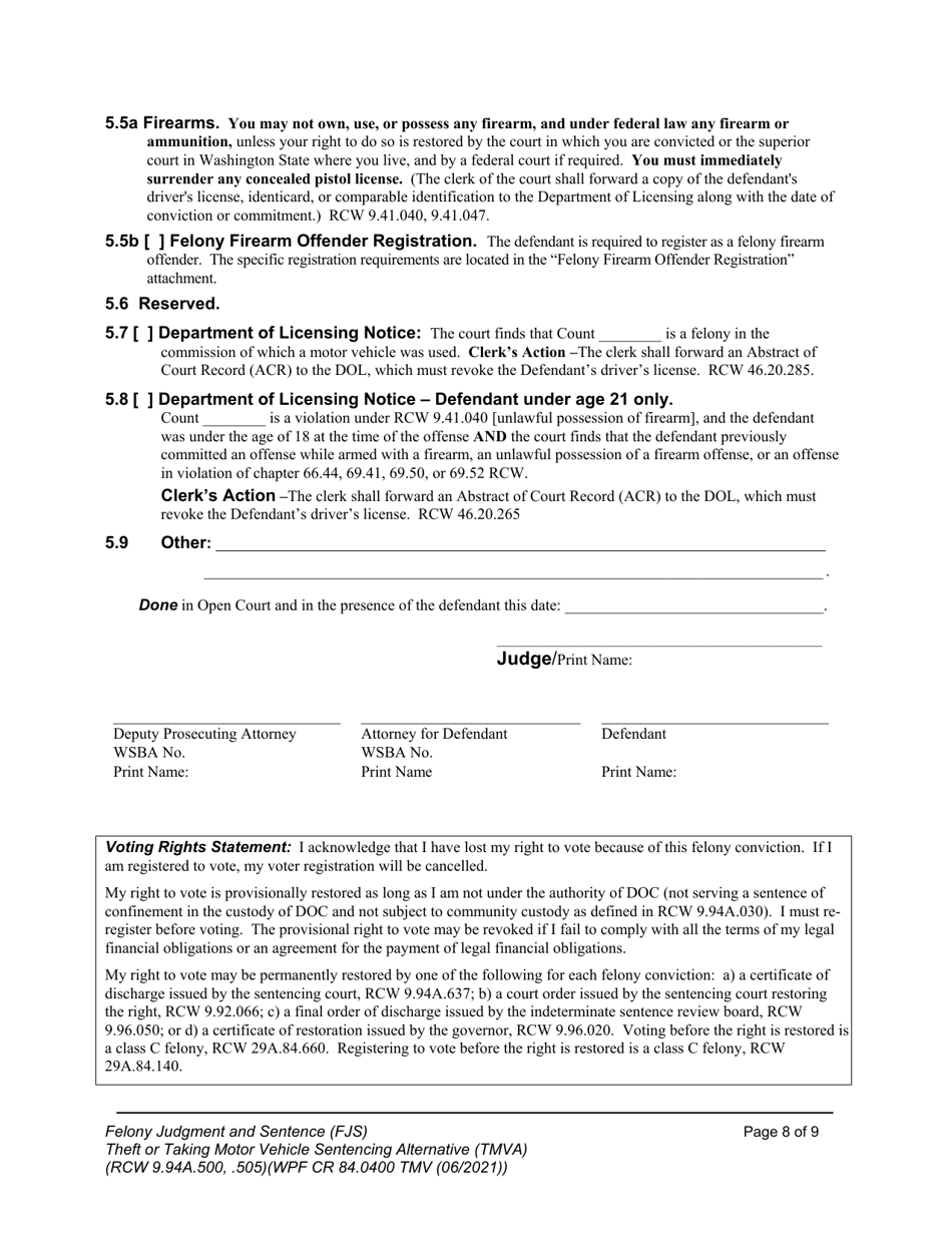 Form WPF CR84.0400 TMV Felony Judgment and Sentence - Theft or Taking of a Motor Vehicle - Washington, Page 8