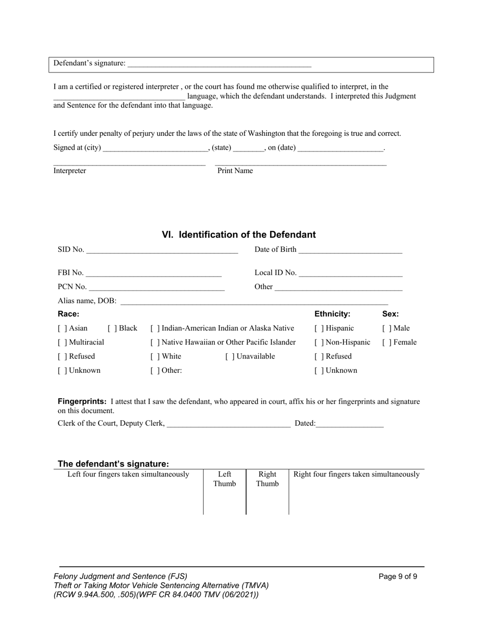 Form WPF CR84.0400 TMV Felony Judgment and Sentence - Theft or Taking of a Motor Vehicle - Washington, Page 9