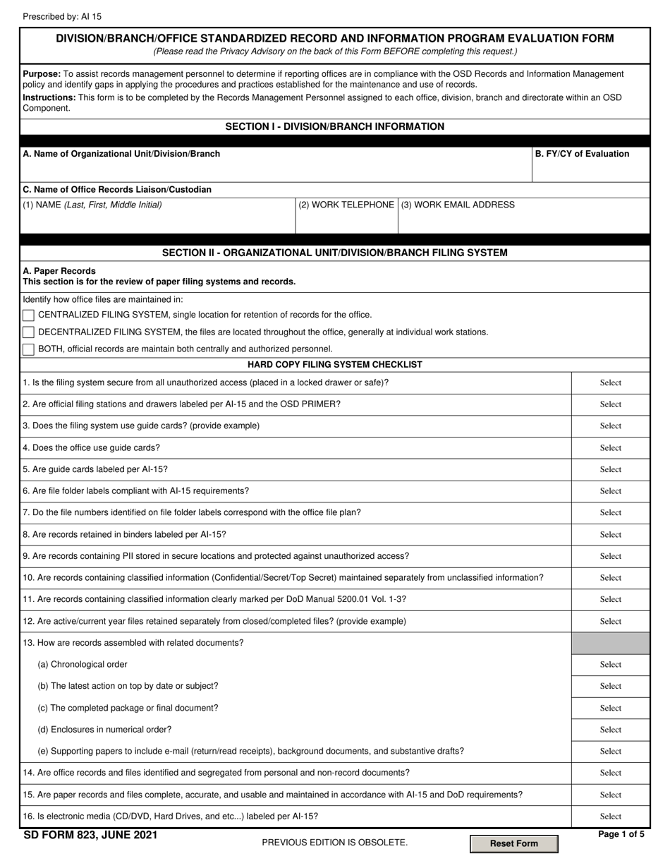 SD Form 823 Division / Branch / Office Standardized Record and Information Program Evaluation Form, Page 1