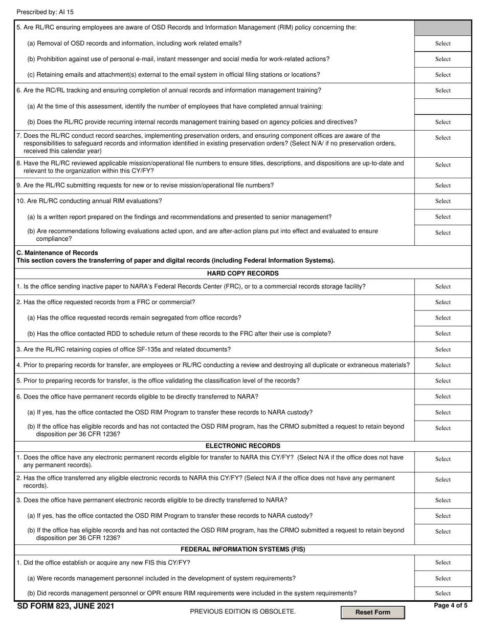 SD Form 823 Division / Branch / Office Standardized Record and Information Program Evaluation Form, Page 4