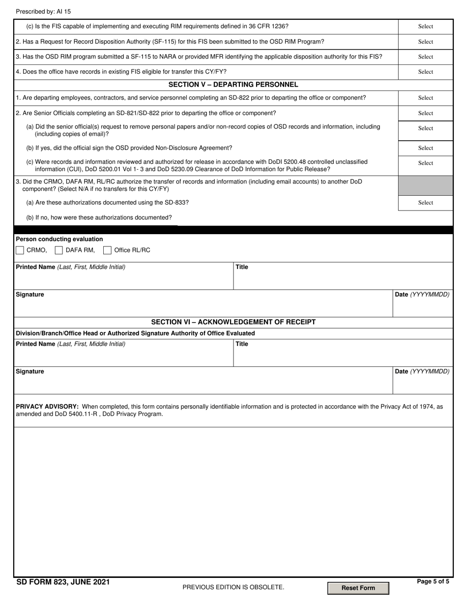 SD Form 823 Division / Branch / Office Standardized Record and Information Program Evaluation Form, Page 5
